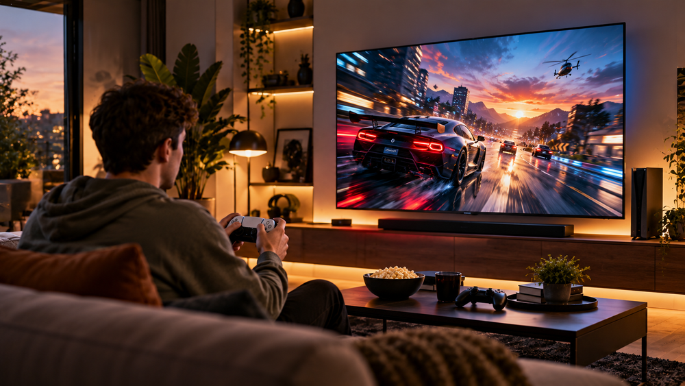 Racegame op een grote televisie met vloeiende snelle actie