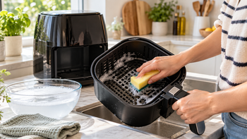Airfryer mand reinigen met spons en sop