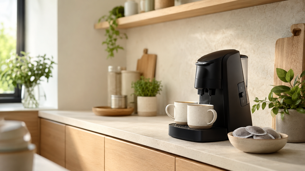 Koffiepadmachine in een warme moderne keuken