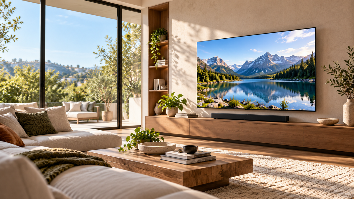 Lichte luxe woonkamer met heldere televisie