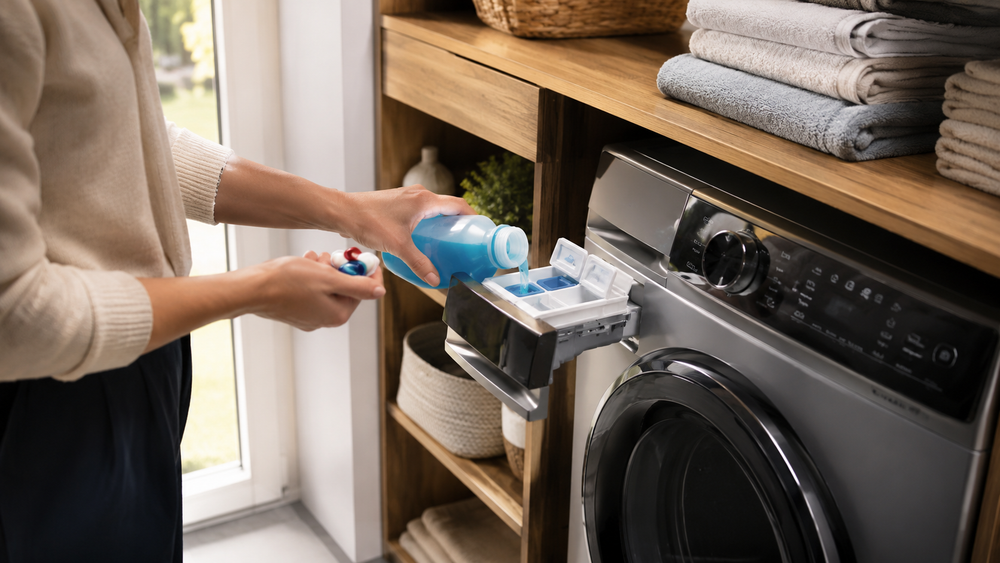 Wasmiddel doseren bij een moderne wasmachine in een lichte wasruimte
