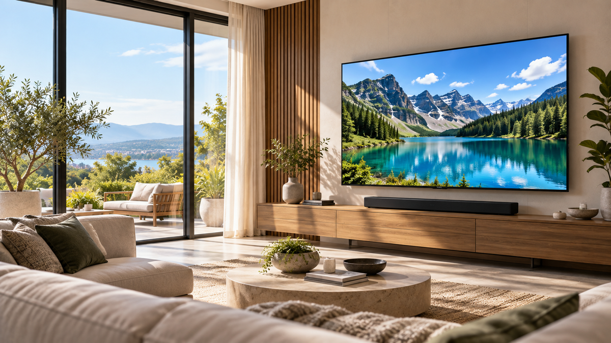 Lichte woonkamer met grote heldere tv