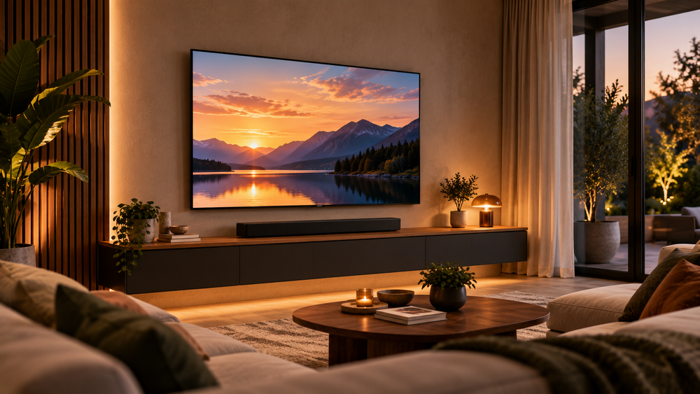 Strakke design-tv in een luxe woonkamer