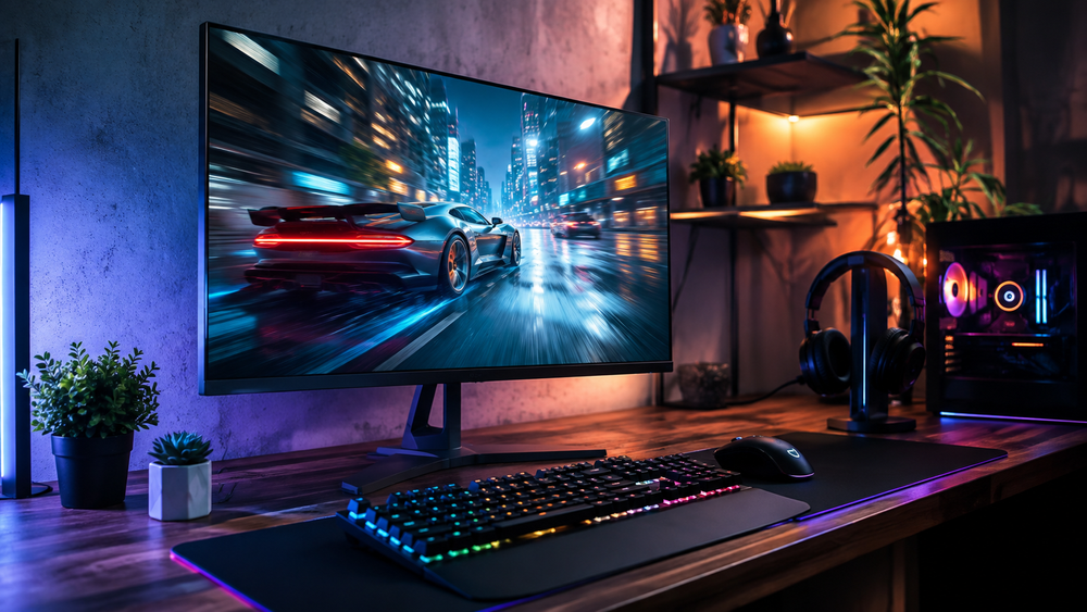 Sfeervolle gaming setup met neonverlichting