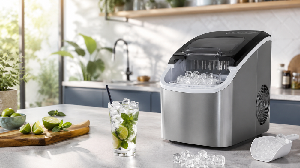 Moderne ijsblokjesmachine in een sfeervolle keuken