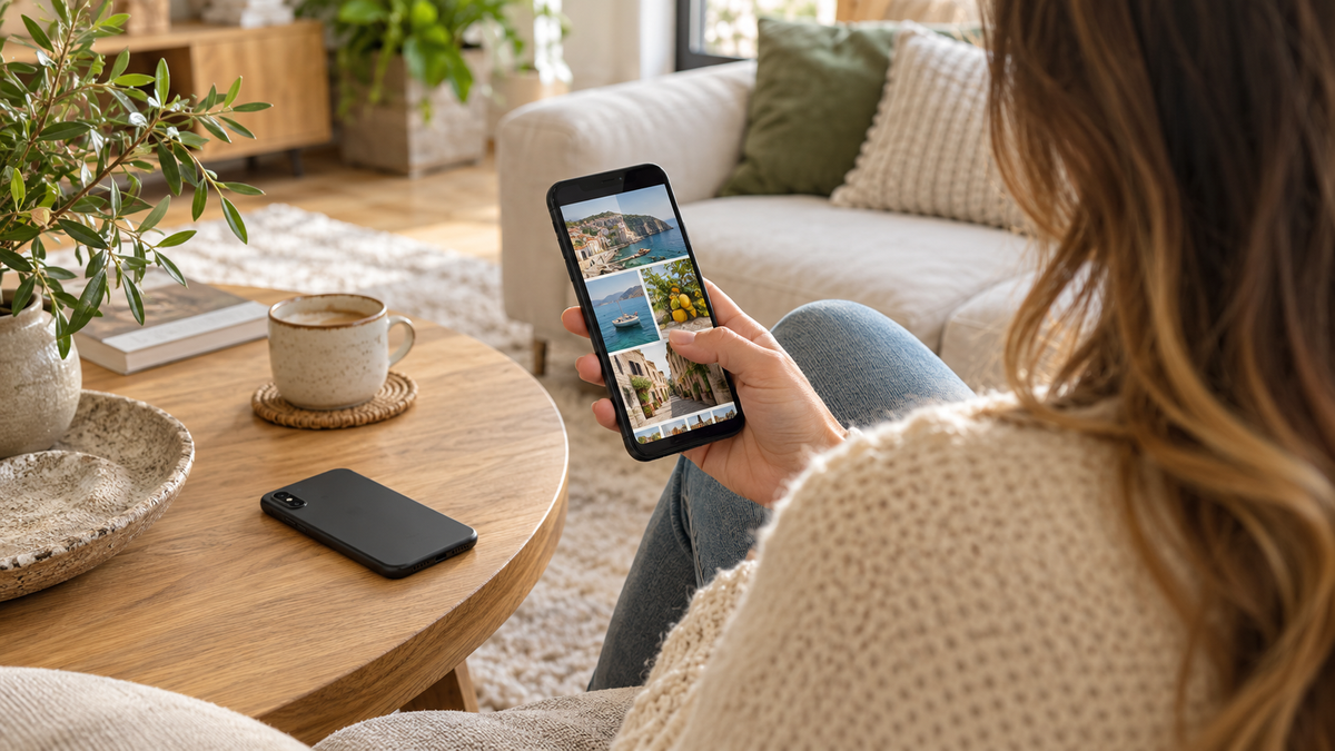 Een persoon bekijkt foto's op een smartphone met een tweede telefoon op tafel
