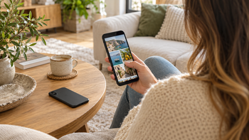 Een persoon bekijkt foto's op een smartphone met een tweede telefoon op tafel