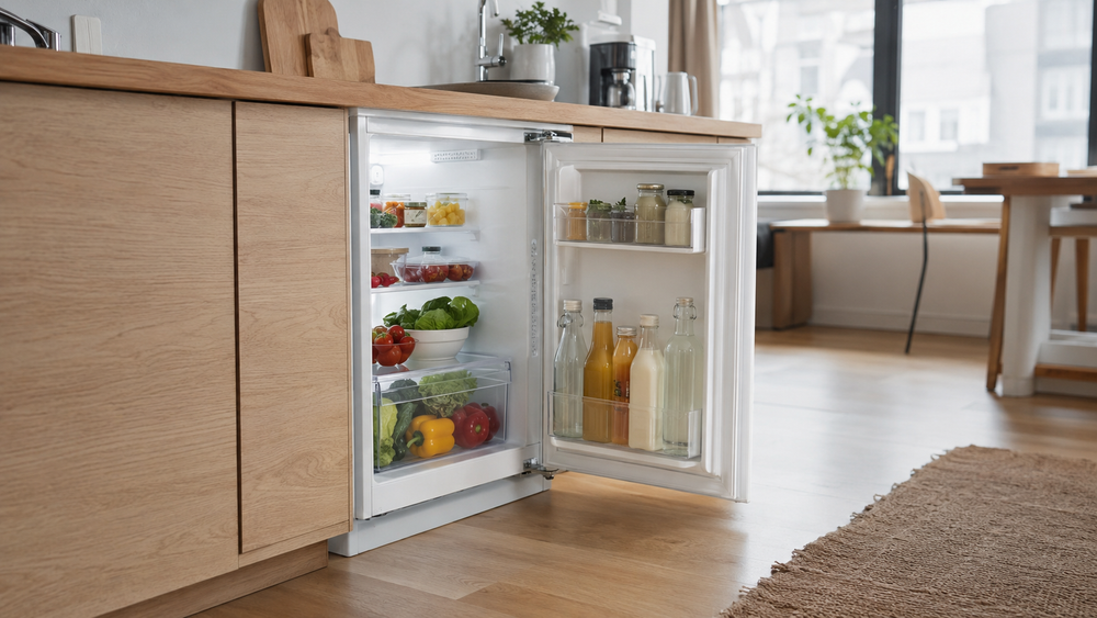 Kleine koelkast in een compacte keuken