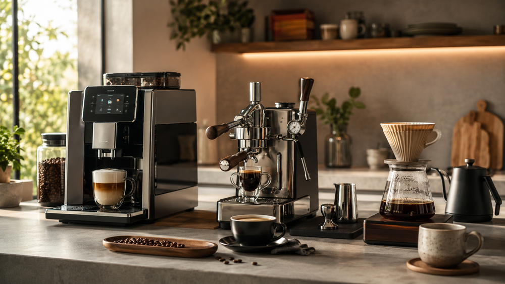 Sfeervolle keuken met drie manieren om koffie te zetten