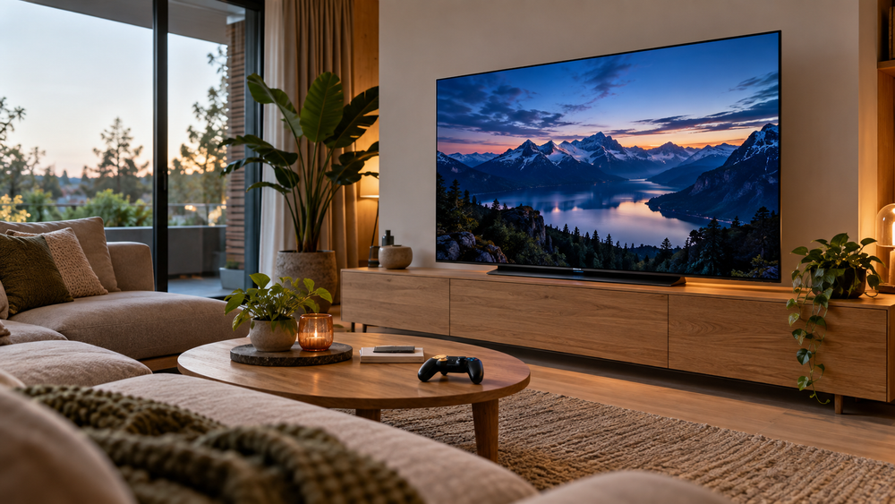 OLED-televisie in een woonkamer met een gamecontroller