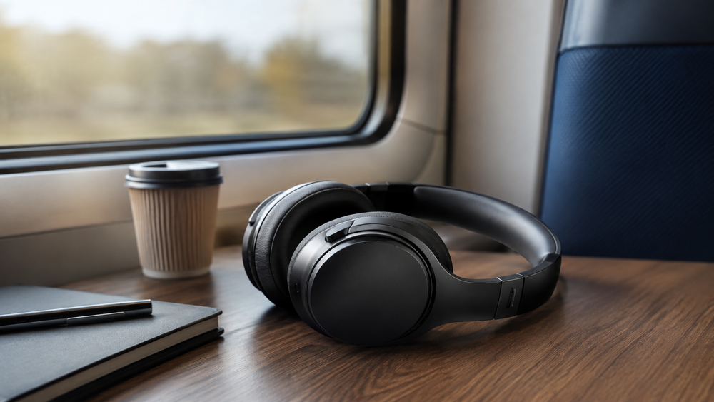 Noise cancelling koptelefoon in een rustige reisomgeving