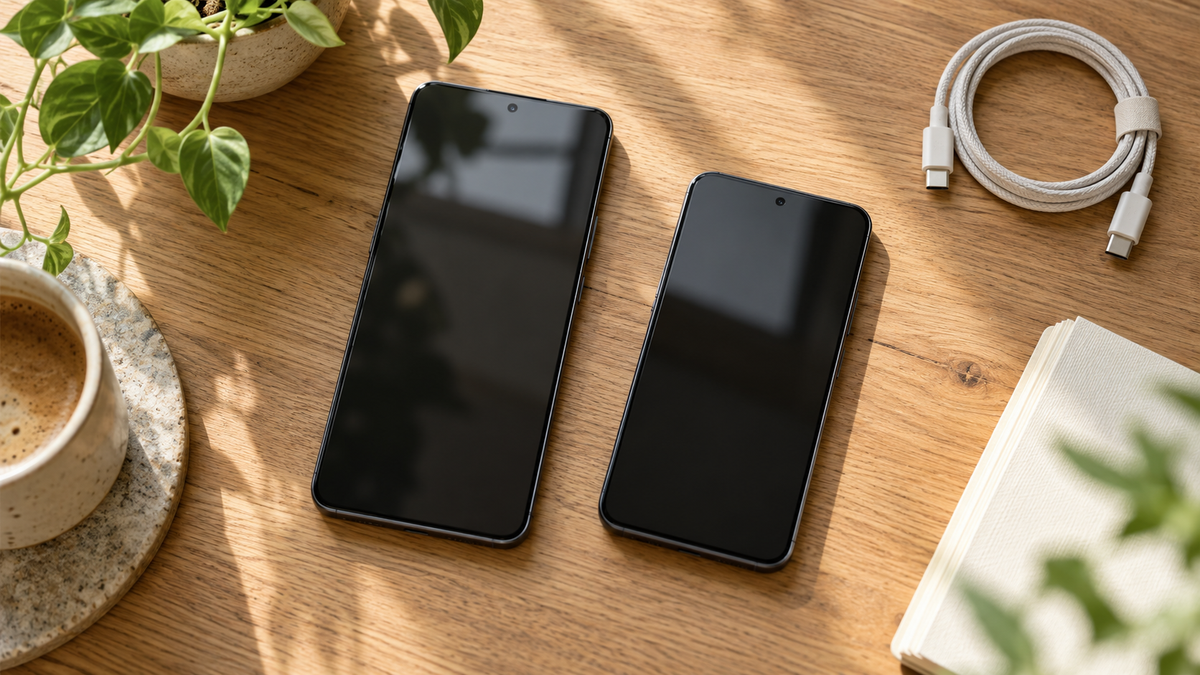 Een grotere en een compactere smartphone van bovenaf gefotografeerd op een houten tafel