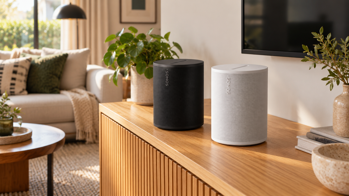 Zwarte en witte Sonos Era 100-speakers in een woonkamer