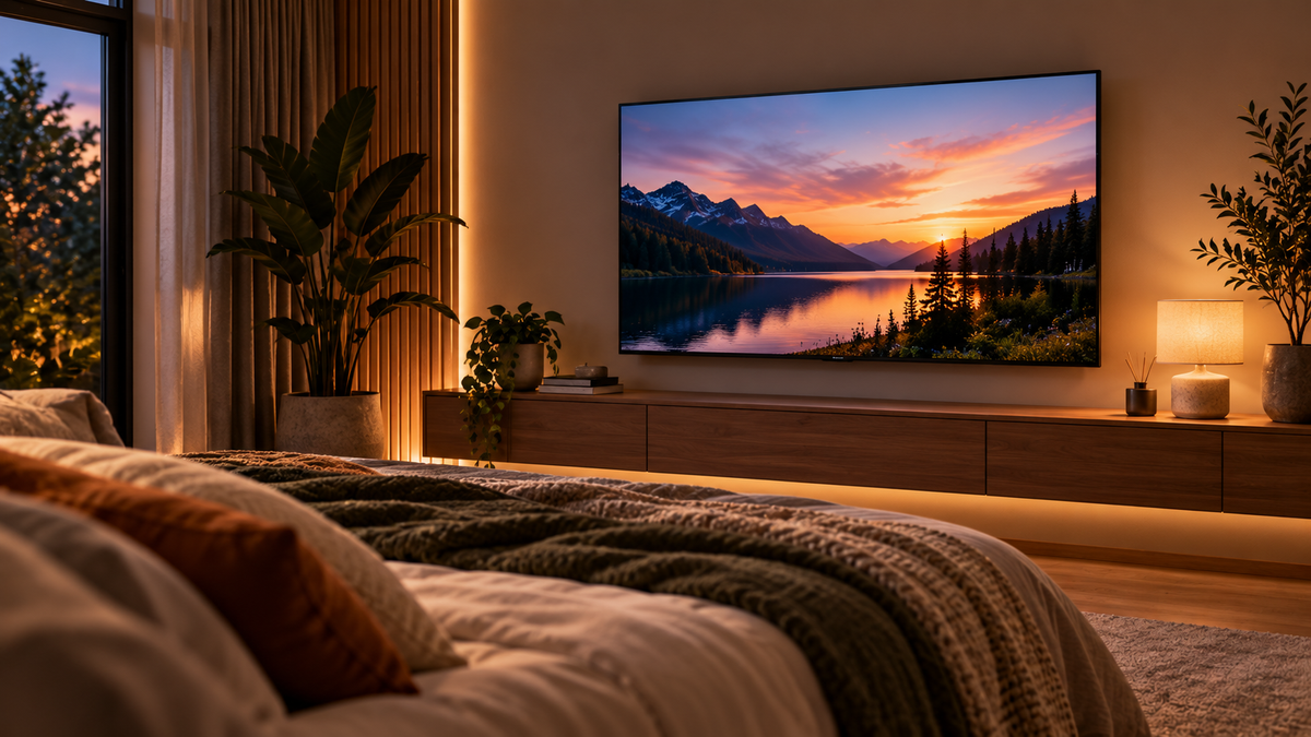 Gezellige slaapkamer met tv aan de muur