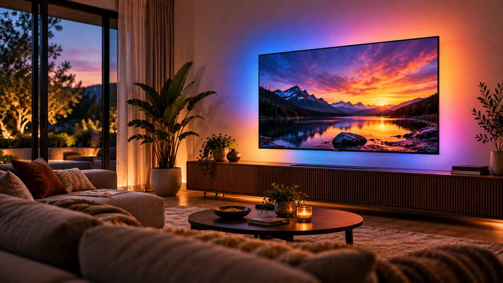 Sfeervolle woonkamer met Ambilight-tv
