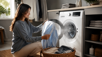 Wasmachine met stoomfunctie in een moderne wasruimte met fris kledingstuk
