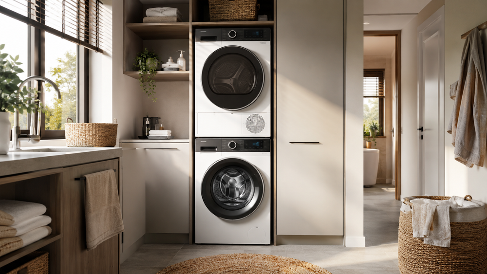 Moderne wasruimte met wasmachine en droger boven elkaar in een Wastoren-opstelling