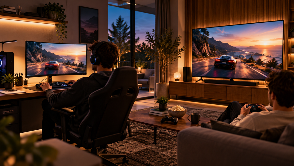 Vergelijking tussen gamen op monitor en grote televisie