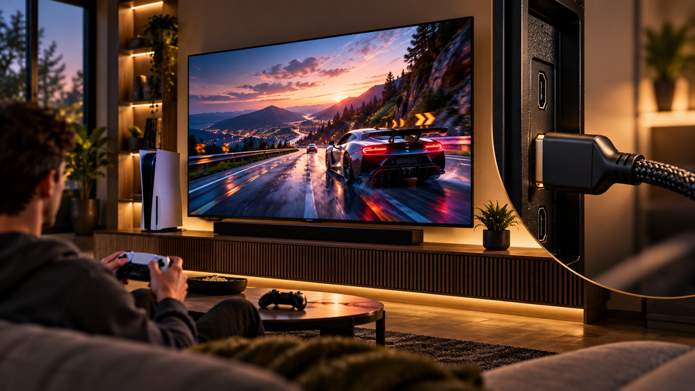 HDMI 2.1 aansluiting bij een gaming televisie met console