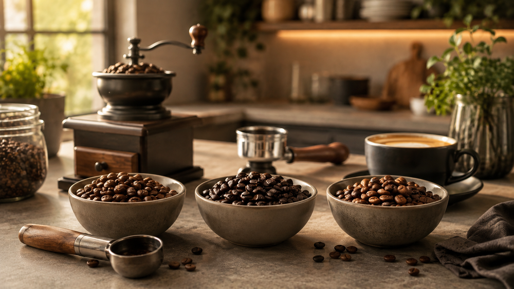 Sfeervolle koffiebonen en koffie voor het blog over Arabica, Robusta en blends