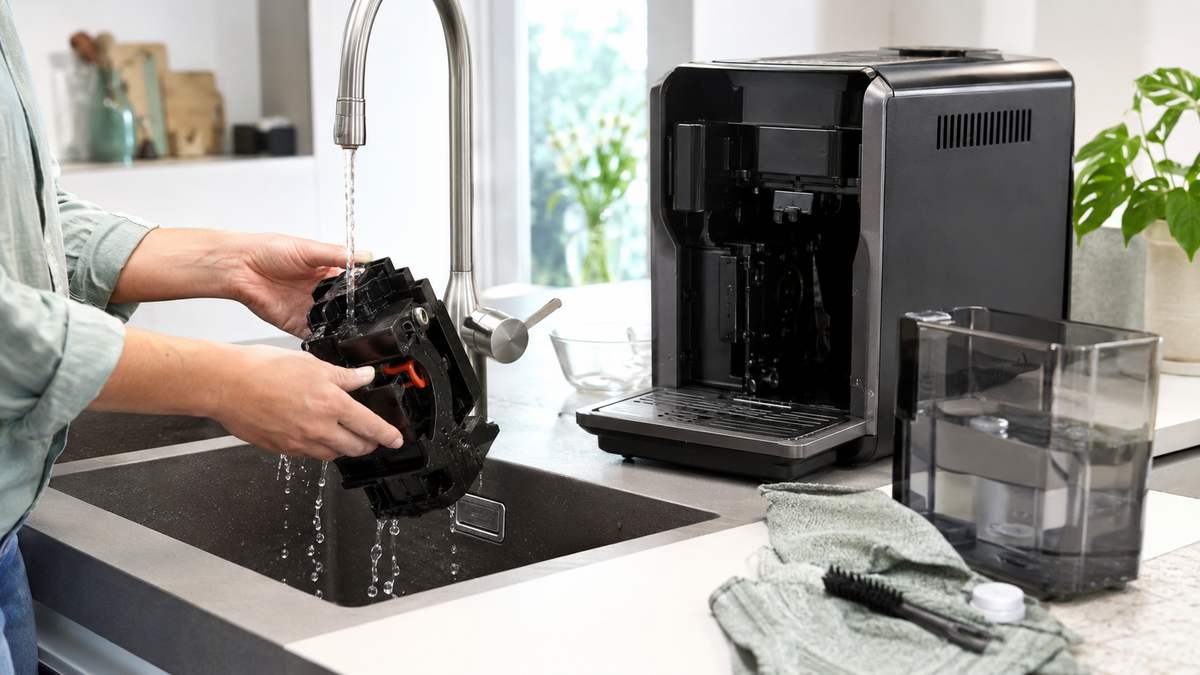 Koffiezetapparaat schoonmaken en de zetgroep afspoelen
