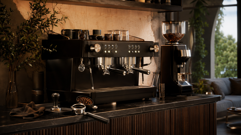 Premium espressomachine met koffiemolen in een thuisbar