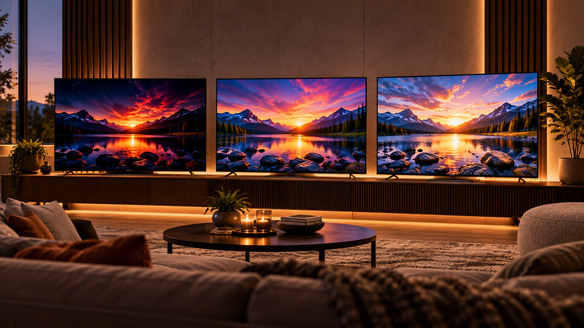 OLED QLED en MiniLED televisies vergelijken in een moderne woonkamer