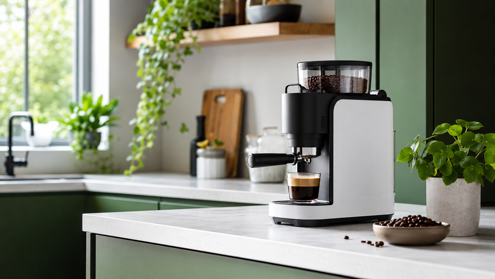 Compacte koffiemachine met verse koffiebonen in een groene keuken