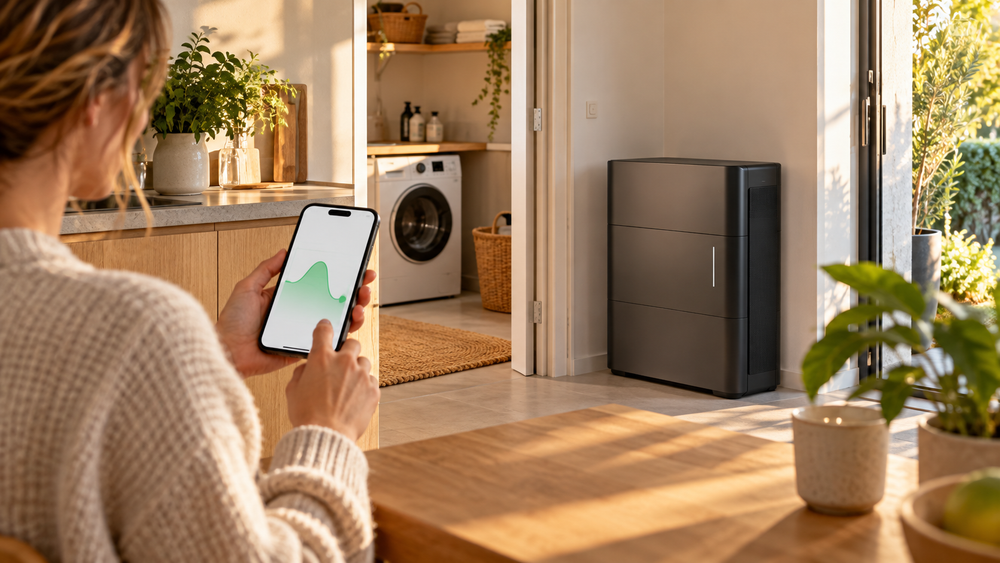 Illustratieve thuisbatterij en inzicht in energieverbruik in een lichte woning