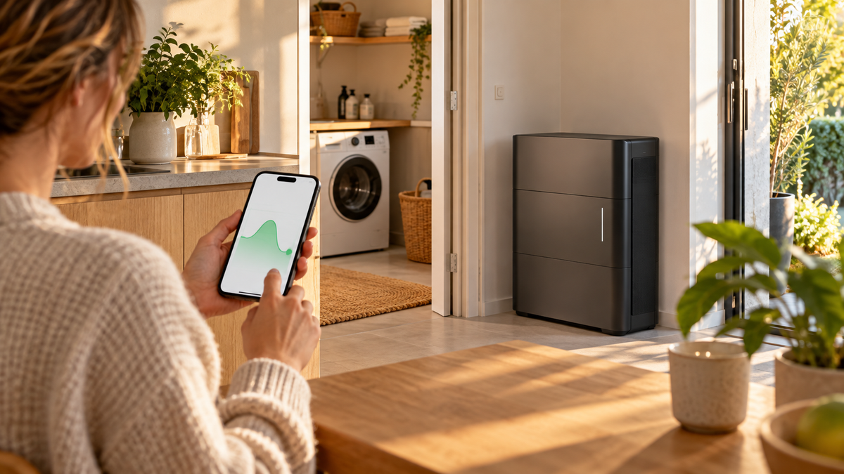 Illustratieve thuisbatterij en inzicht in energieverbruik in een lichte woning