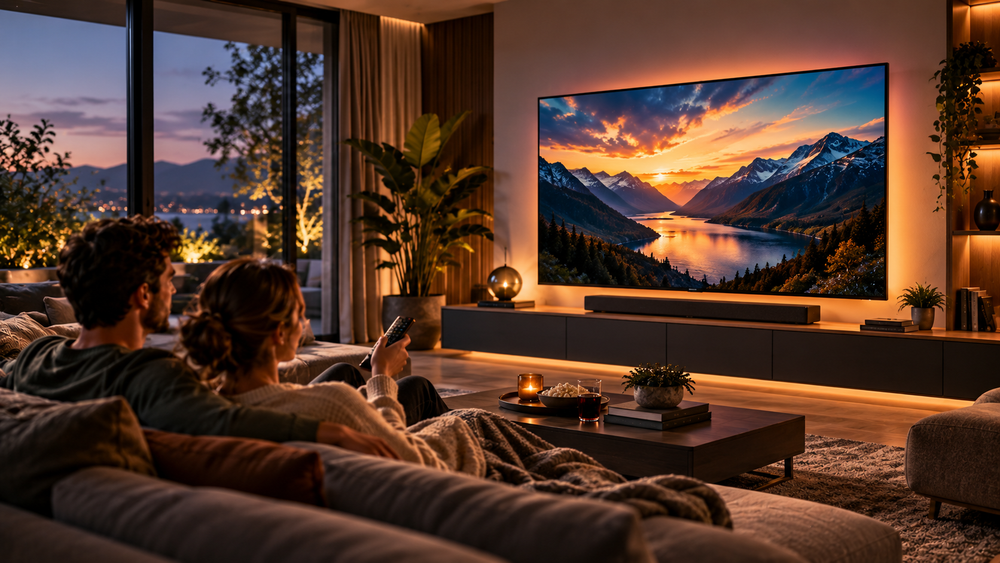 Slimme AI-tv met streaming in een warme moderne woonkamer