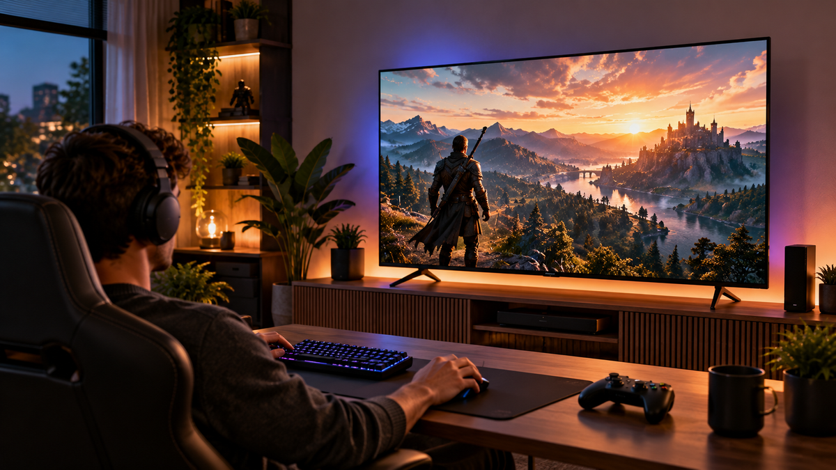 Gaming op een grote televisie in een stijlvolle woonkamer
