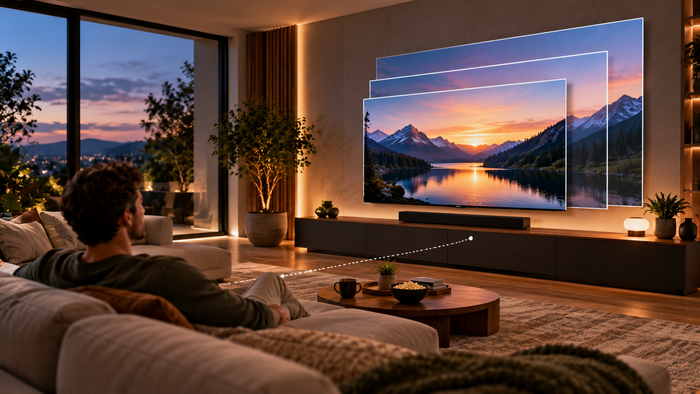 Drie tv-formaten vergelijken in een moderne woonkamer