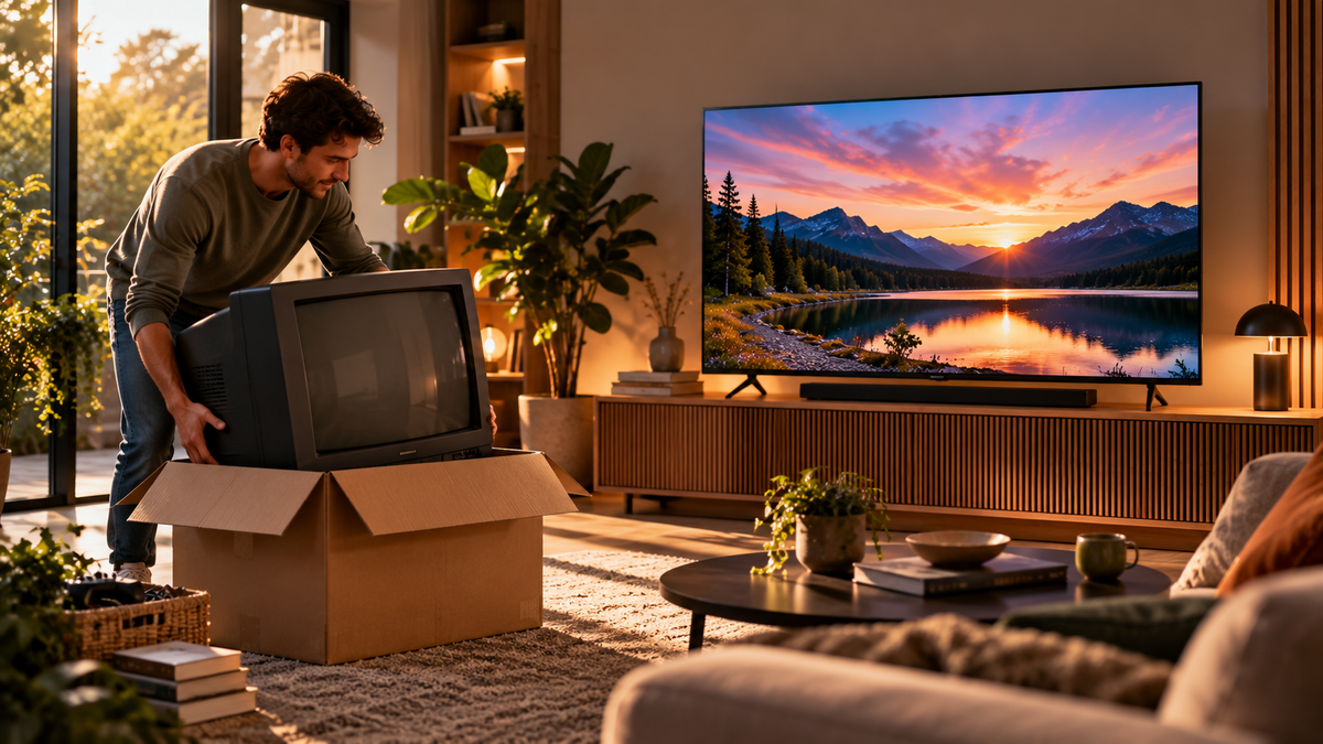 Oude televisie inruilen voor een nieuwe tv in een warme moderne woonkamer