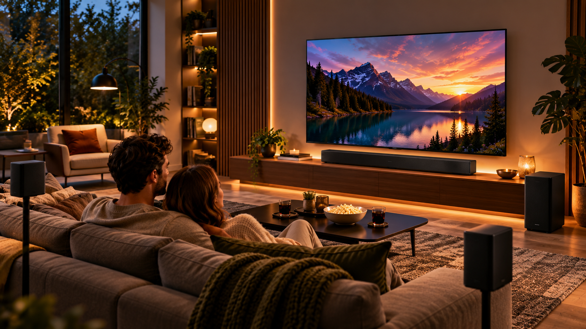 Tv met soundbar en speakers voor een thuisbioscoopgevoel