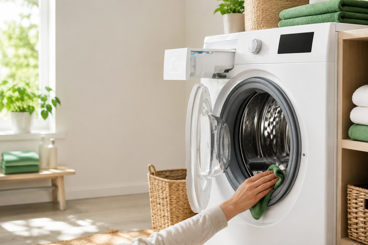 Wasmachine schoonmaken en onderhouden in een moderne wasruimte