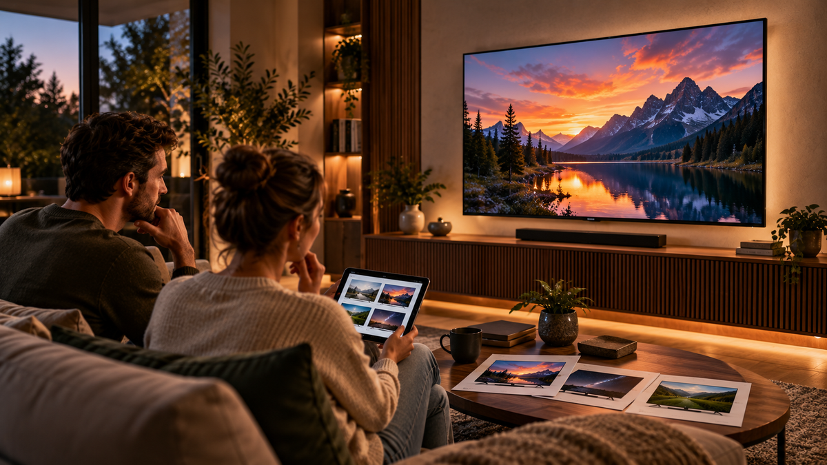 Tv kiezen in een moderne woonkamer met vergelijking op tablet