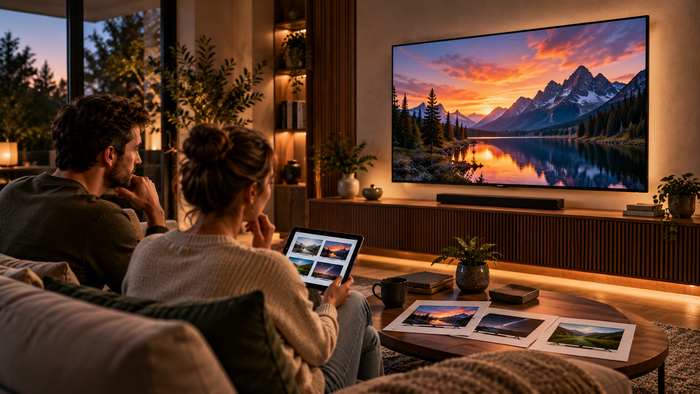 Tv kiezen in een moderne woonkamer met vergelijking op tablet