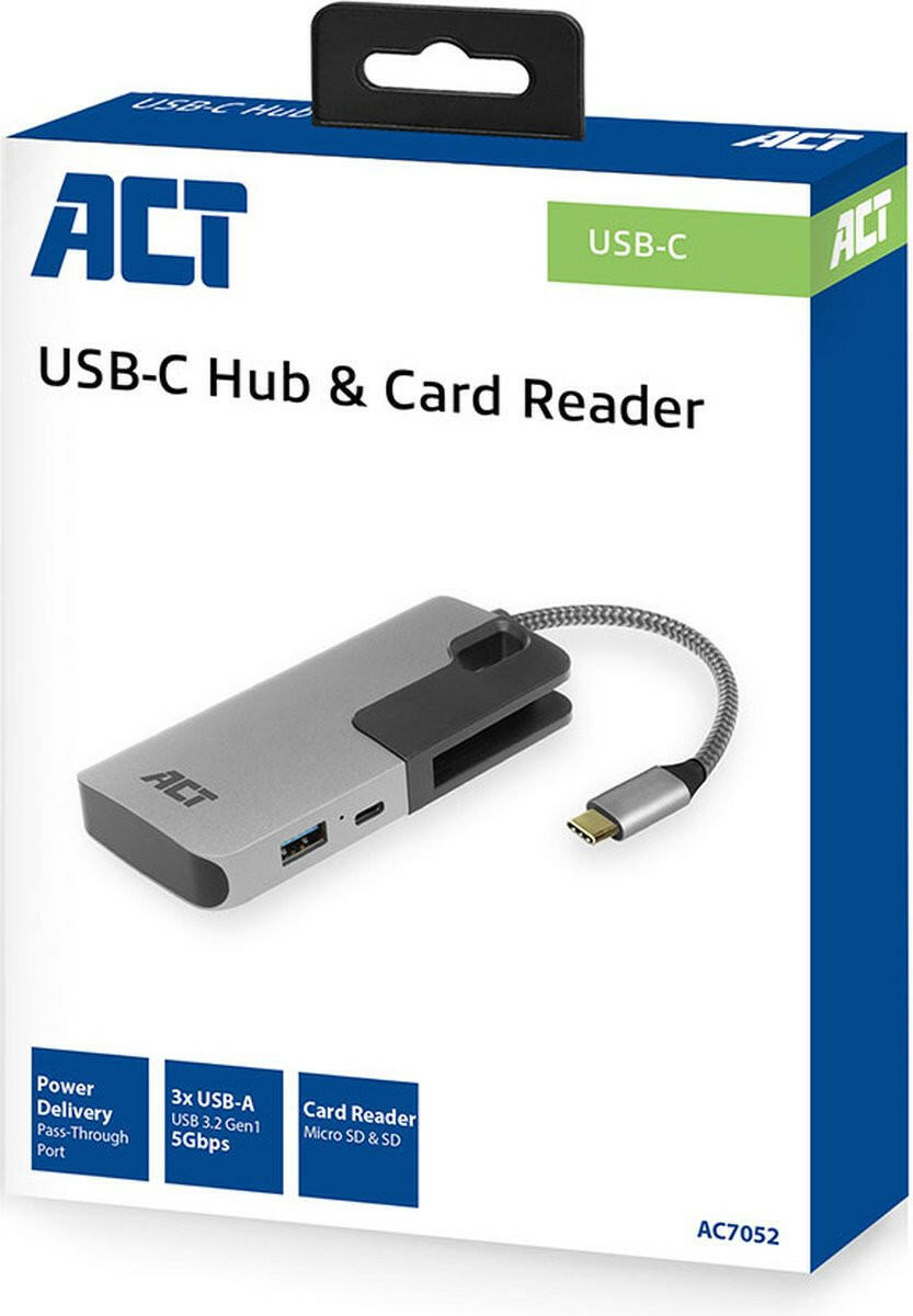 ACT AC7052 USB-C Hub 3.0 3-Poorts + Cardreader + USB-C PD