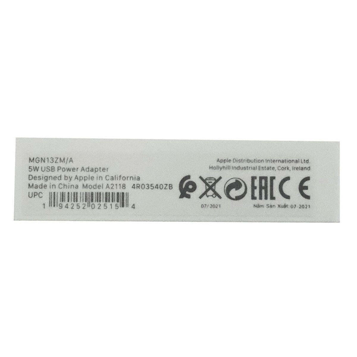 Apple USB Netvoeding adapter USB-A 5W 1A wit.