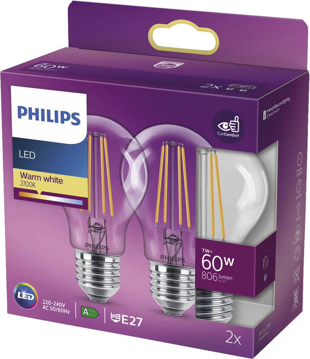 Philips LED classic 60W E27 A60 WW CL ND 2PF - 2er Pack