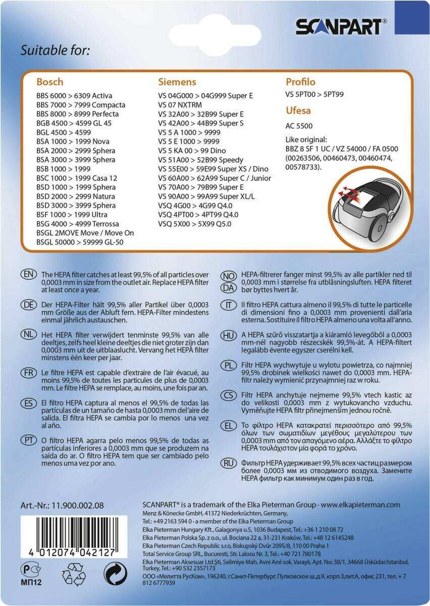 Scanpart 1190000208 HEPAfilter H12 (niet uitwasbaar).