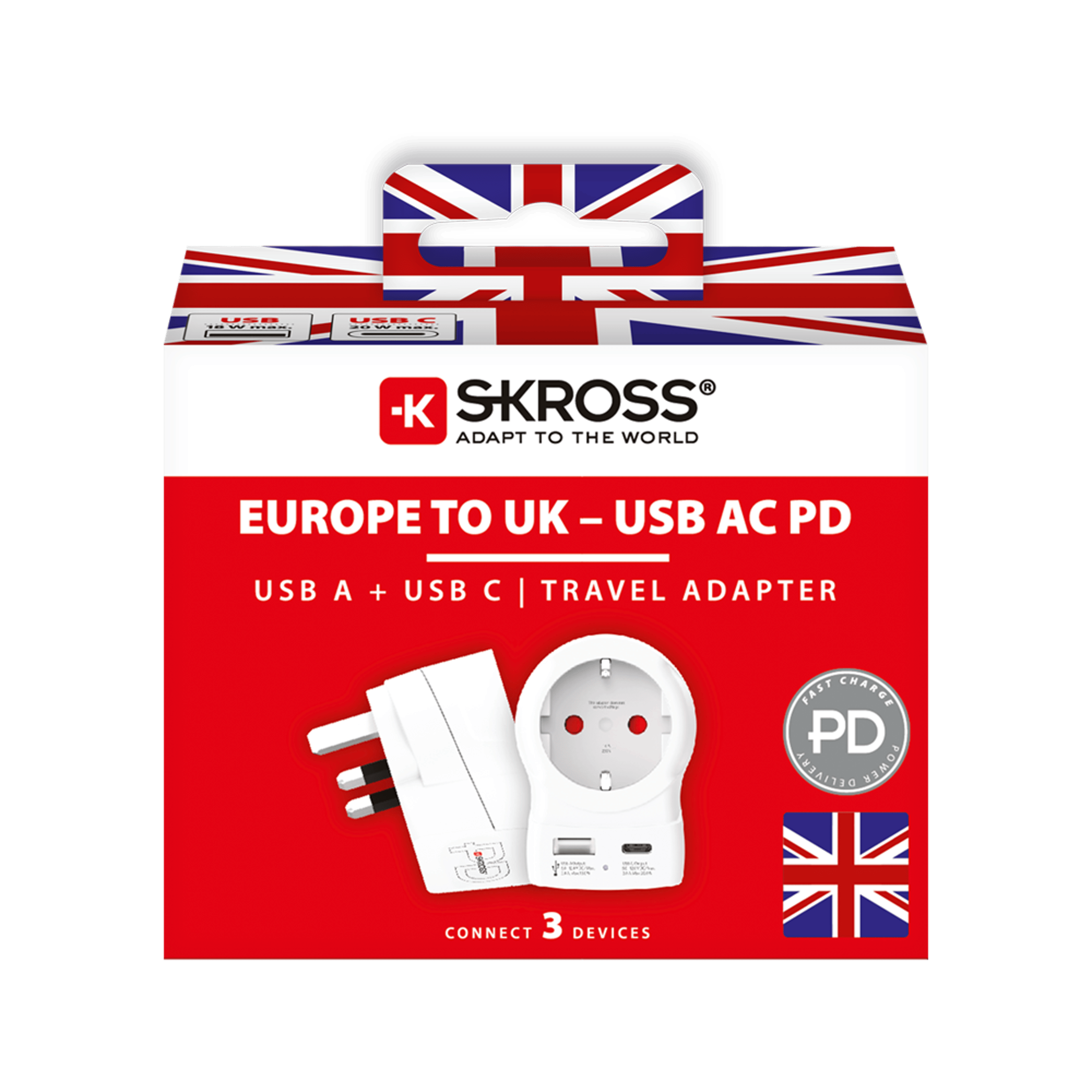 SKROSS SKROSS Europa naar UK Reisadapter & USB/USB-C 20W Charger