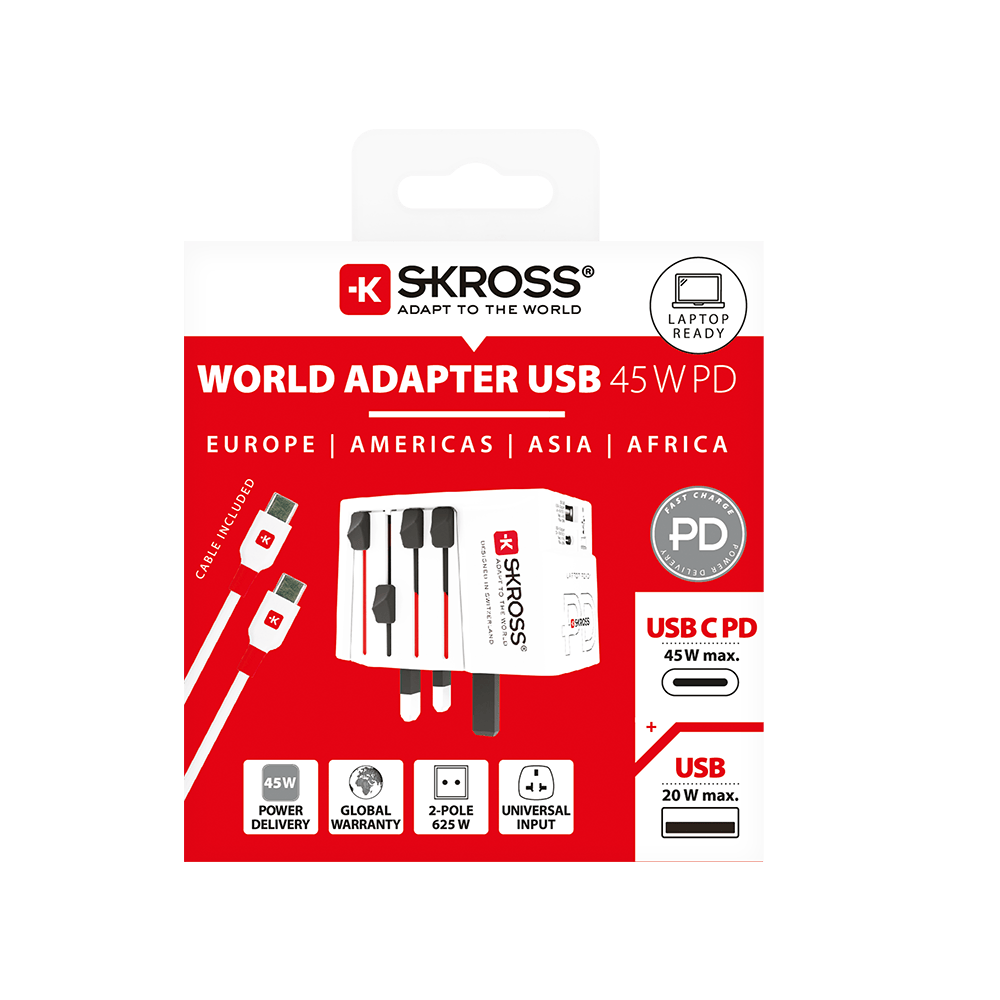 SKROSS SKROSS Wereld Reisadapter & USB/USB-C 45W Charger + Kabel